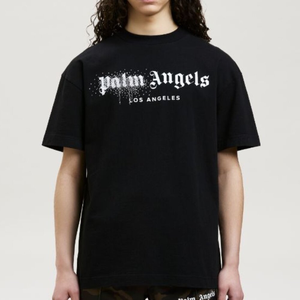 PALM ANGELS RHINESTONES SPRAY LOGO T-SHIRT BLACK